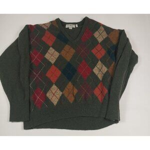 Vintage 90s L.L. Bean Women Size Large Argyle Lambswool V-Neck Sweater Ireland